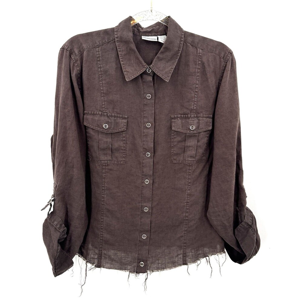 Chico's Linen Shirt Women 3 Brown Raw Hem Roll Tab Sleeve Utility Button Up